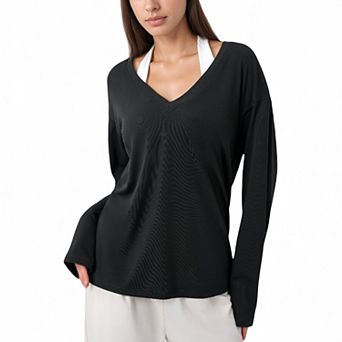 Women's Long Sleeve V-Neck Pullover Top with Relaxed Fit and Drop Shoulder Design