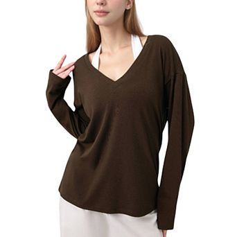 Women's Long Sleeve V-Neck Pullover Top with Relaxed Fit and Drop Shoulder Design