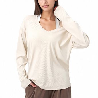 Women's Long Sleeve V-Neck Pullover Top with Relaxed Fit and Drop Shoulder Design
