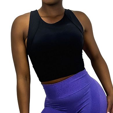 Active Women's High Neck Seamless Crop Tank Top with Wide Straps and Stretch Compression Fit