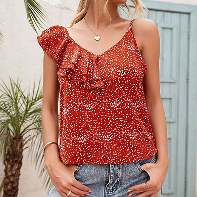 Women's Sleeveless Spaghetti Strap Top with Ruffle Front and Allover Polka Dot Print