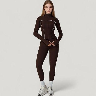 Women's Fitted Zip-Up Activewear Jacket with High Collar Long Sleeves and Contour Seaming