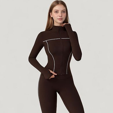 Women's Fitted Zip-Up Activewear Jacket with High Collar Long Sleeves and Contour Seaming