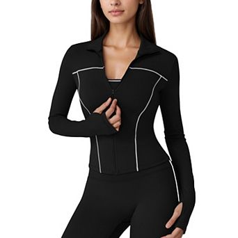 Women's Fitted Zip-Up Activewear Jacket with High Collar Long Sleeves and Contour Seaming