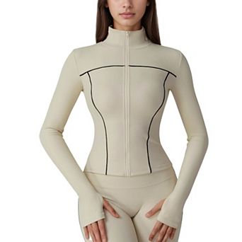 Women's Fitted Zip-Up Activewear Jacket with High Collar Long Sleeves and Contour Seaming