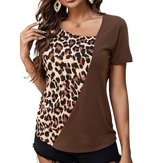 Women's Short Sleeve Leopard Print Contrast Panel Pullover Top with Scoop Neck