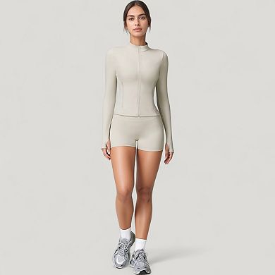 Women's Long Sleeve Zip-Up Athletic Jacket with Thumbholes and High Neckline