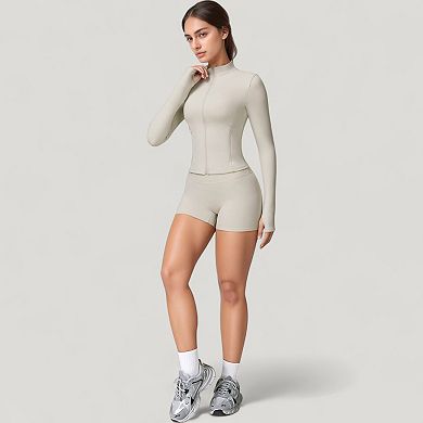 Women's Long Sleeve Zip-Up Athletic Jacket with Thumbholes and High Neckline