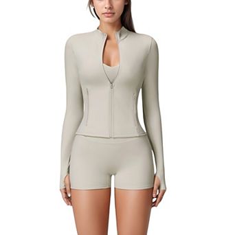 Women's Long Sleeve Zip-Up Athletic Jacket with Thumbholes and High Neckline