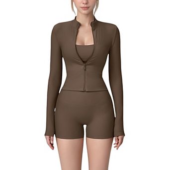 Women's Long Sleeve Ribbed Zip-Up Athletic Jacket with High Neckline