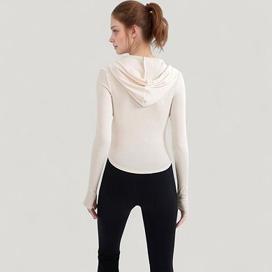 Women's Long Sleeve Pullover Hoodie Top with Half Zip Front and Thumbhole Cuffs