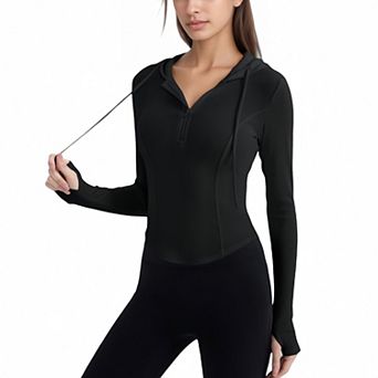 Women's Long Sleeve Pullover Hoodie Top with Half Zip Front and Thumbhole Cuffs