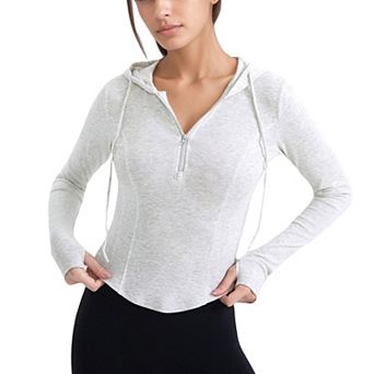 Women's Long Sleeve Pullover Hoodie Top with Half Zip Front and Thumbhole Cuffs