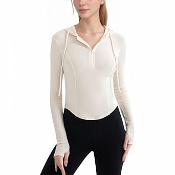 Women's Long Sleeve Pullover Hoodie Top with Half Zip Front and Thumbhole Cuffs