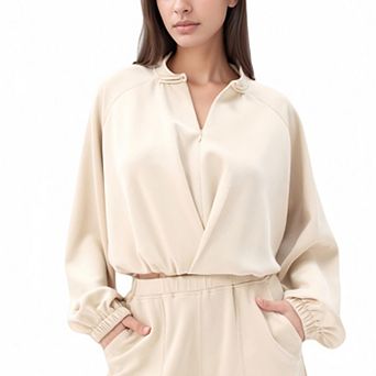 Women's Long Sleeve Woven Lounge Top with Half Zip Front, Elastic Hem, and Relaxed Draped Fit