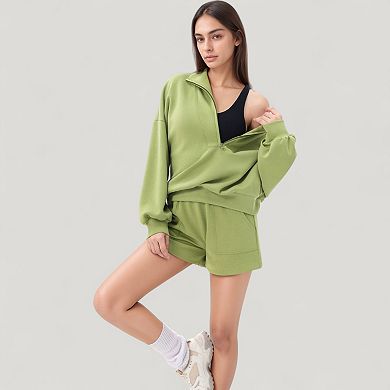 Women's Long Sleeve Woven Half Zip Pullover Top with Stand Collar and Elastic Cuffs