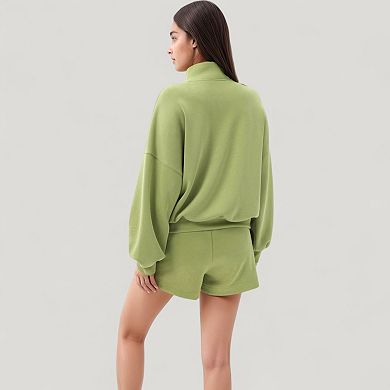 Women's Long Sleeve Woven Half Zip Pullover Top with Stand Collar and Elastic Cuffs