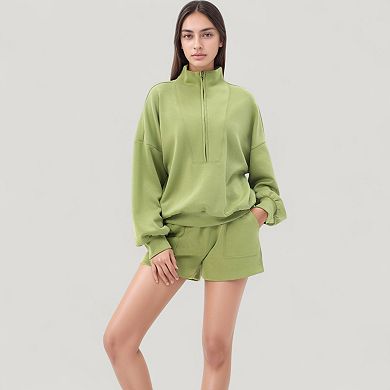 Women's Long Sleeve Woven Half Zip Pullover Top with Stand Collar and Elastic Cuffs