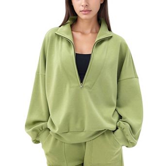 Women's Long Sleeve Woven Half Zip Pullover Top with Stand Collar and Elastic Cuffs