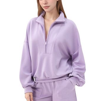 Women's Long Sleeve Woven Half Zip Pullover Top with Stand Collar and Elastic Cuffs