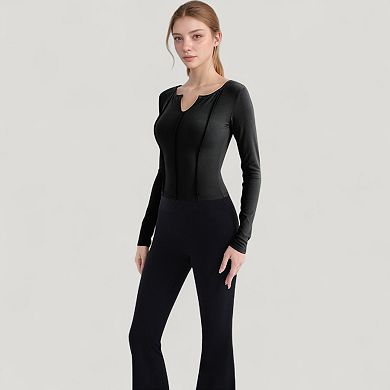 Women's Long Sleeve Fitted Athletic Top with Notch Neckline and Contoured Seams