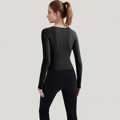 Women's Long Sleeve Fitted Athletic Top with Notch Neckline and Contoured Seams