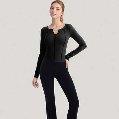 Women's Long Sleeve Fitted Athletic Top with Notch Neckline and Contoured Seams