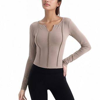 Women's Long Sleeve Fitted Athletic Top with Notch Neckline and Contoured Seams