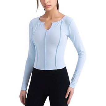 Women's Long Sleeve Fitted Athletic Top with Notch Neckline and Contoured Seams