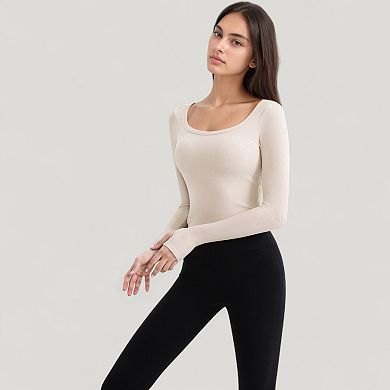 Women's Long Sleeve Pullover Top with Deep Scoop Neck and Fitted Stretch Design