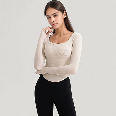 Women's Long Sleeve Pullover Top with Deep Scoop Neck and Fitted Stretch Design