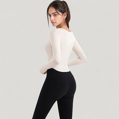 Women's Long Sleeve Pullover Top with Deep Scoop Neck and Fitted Stretch Design