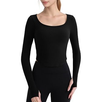 Women's Long Sleeve Pullover Top with Deep Scoop Neck and Fitted Stretch Design