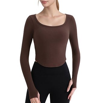 Women's Long Sleeve Pullover Top with Deep Scoop Neck and Fitted Stretch Design