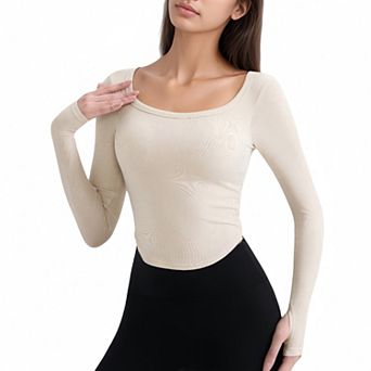 Women's Long Sleeve Pullover Top with Deep Scoop Neck and Fitted Stretch Design