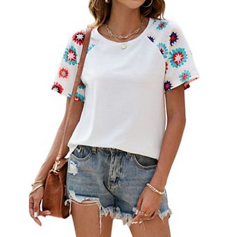 Women's Short Sleeve Pullover Shirt with Embroidered Floral Pattern Sleeves and Relaxed Fit