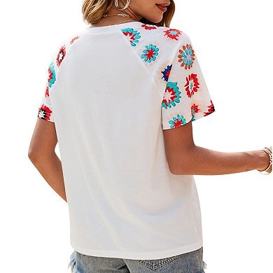 Women's Short Sleeve Pullover Shirt with Embroidered Floral Pattern Sleeves and Relaxed Fit