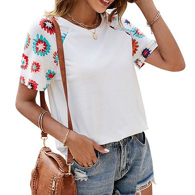 Women's Short Sleeve Pullover Shirt with Embroidered Floral Pattern Sleeves and Relaxed Fit