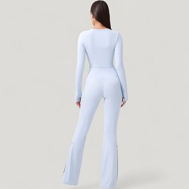 Women's Long Sleeve Cropped Button Front Top with Fitted Stretch Design