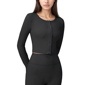 Women's Long Sleeve Cropped Button Front Top with Fitted Stretch Design