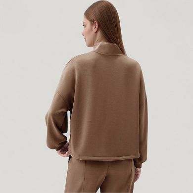 Women's Long Sleeve Half Zip Pullover Top with High Collar and Relaxed Fit