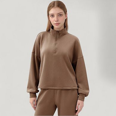 Women's Long Sleeve Half Zip Pullover Top with High Collar and Relaxed Fit