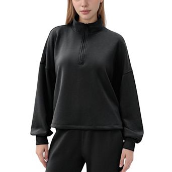 Women's Long Sleeve Half Zip Pullover Top with High Collar and Relaxed Fit