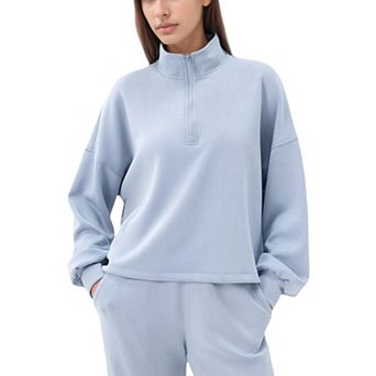 Women's Long Sleeve Half Zip Pullover Top with High Collar and Relaxed Fit