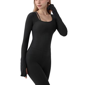 Women's Long Sleeve Ribbed Knit Fitted Top with Asymmetrical Neckline and Thumbhole Cuffs
