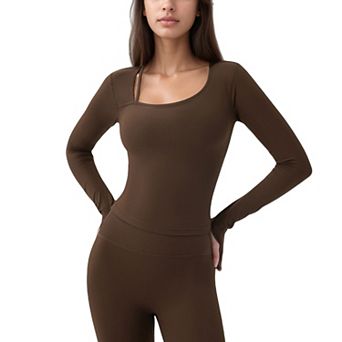 Women's Long Sleeve Ribbed Knit Fitted Top with Asymmetrical Neckline and Thumbhole Cuffs