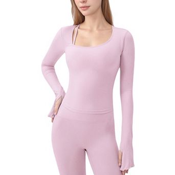 Women's Long Sleeve Ribbed Knit Fitted Top with Asymmetrical Neckline and Thumbhole Cuffs