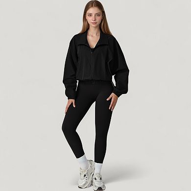 Women's Zip-Up Activewear Jacket with High Collar Long Sleeves and Relaxed Elastic Hem