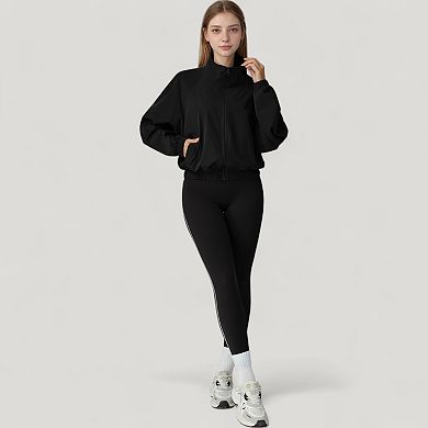Women's Zip-Up Activewear Jacket with High Collar Long Sleeves and Relaxed Elastic Hem