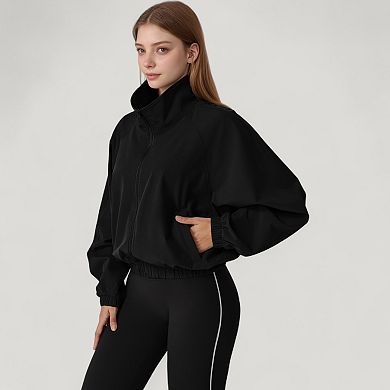 Women's Zip-Up Activewear Jacket with High Collar Long Sleeves and Relaxed Elastic Hem